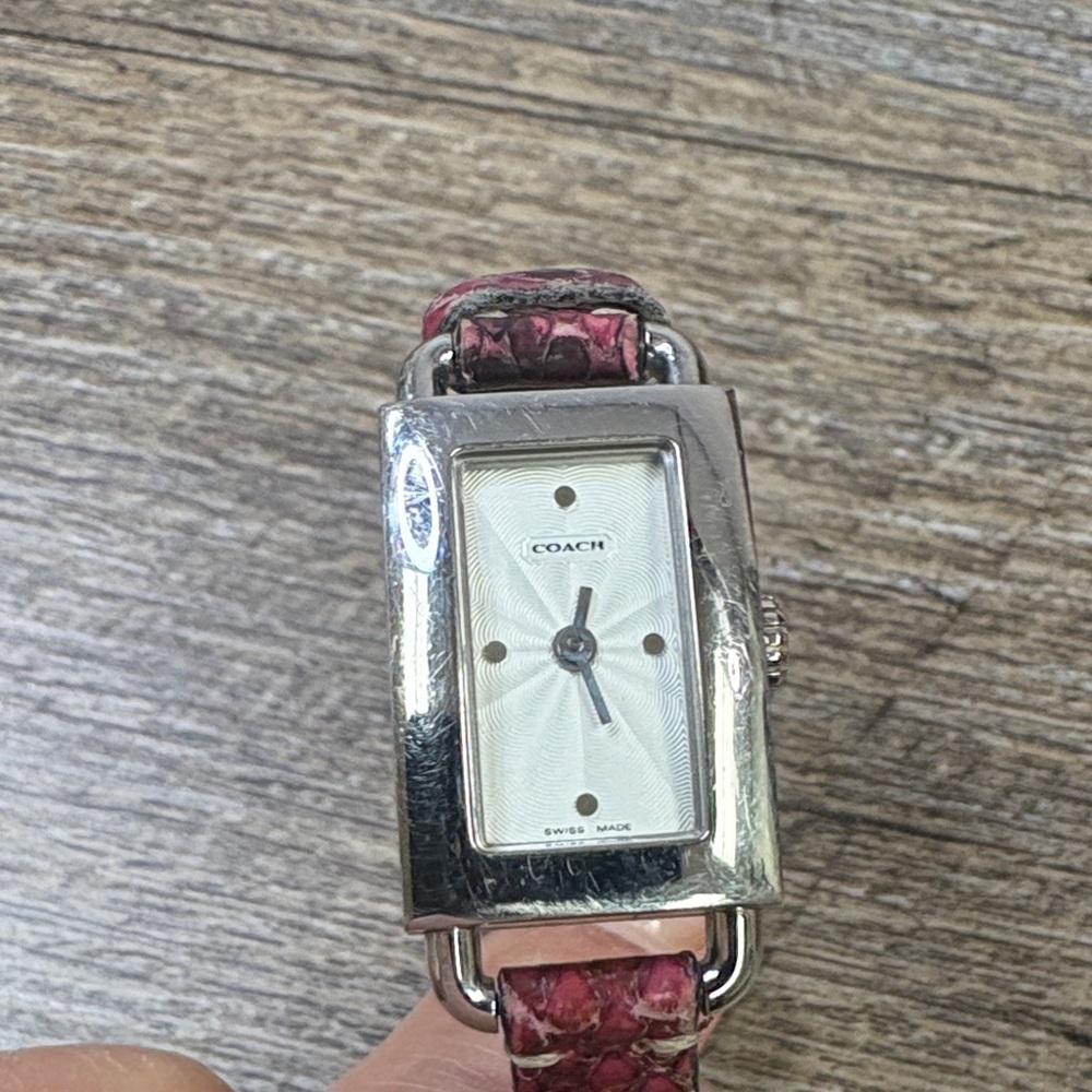 Coach Rectangular Swiss Made Watch | Pink Snakeskin Strap | Stainless Steel
